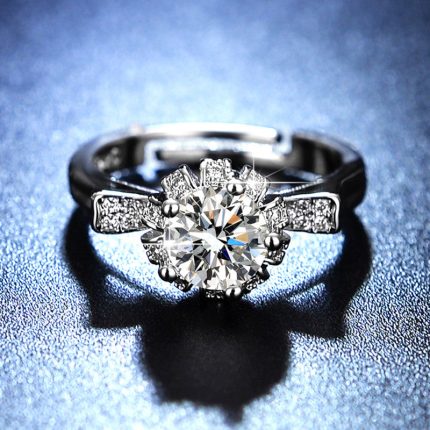 Silver Plated Crystal Studded Anti Tarnish Contemporary Solitaire Adjustable Finger Ring - VAIRAVI