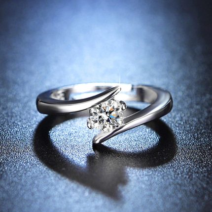 Silver Plated Crystal Studded Anti Tarnish Contemporary Solitaire Adjustable Finger Ring - VAIRAVI