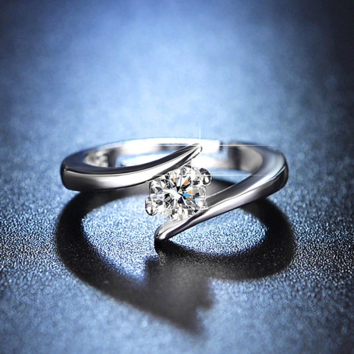 Silver Plated Crystal Studded Anti Tarnish Contemporary Solitaire Adjustable Finger Ring - VAIRAVI
