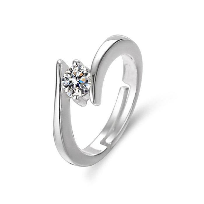 Silver Plated Crystal Studded Anti Tarnish Contemporary Solitaire Adjustable Finger Ring - VAIRAVI