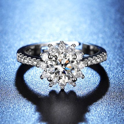 Silver Plated American Diamond Studded Floral Anti Tarnish Adjustable Solitaire Finger Ring - VAIRAVI