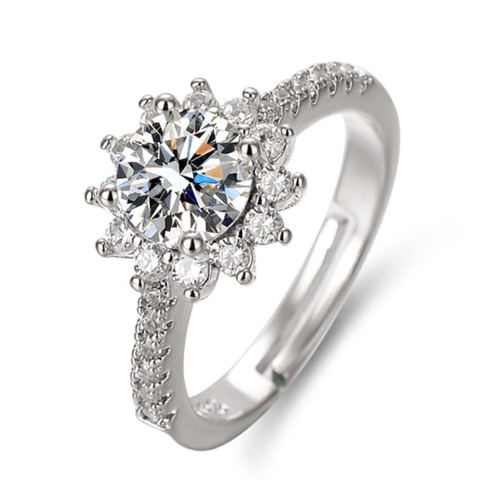 Silver Plated American Diamond Studded Floral Anti Tarnish Adjustable Solitaire Finger Ring - VAIRAVI