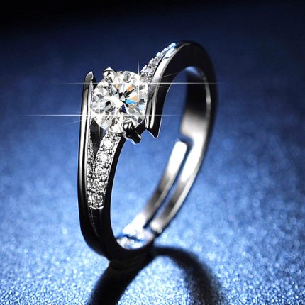Silver Plated Crystal Studded Contemporary Anti Tarnish Adjustable Solitaire Finger Ring - VAIRAVI