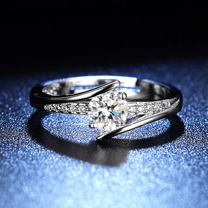 Silver Plated Crystal Studded Contemporary Anti Tarnish Adjustable Solitaire Finger Ring - VAIRAVI