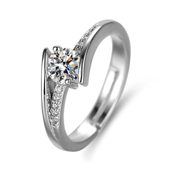 Silver Plated Crystal Studded Contemporary Anti Tarnish Adjustable Solitaire Finger Ring - VAIRAVI