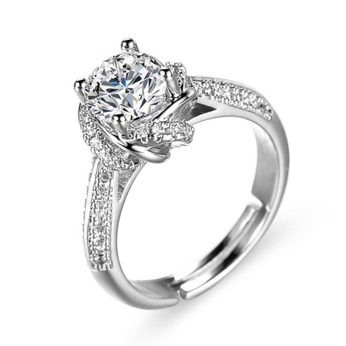 Silver Plated Crystal Studded Anti Tarnish Contemporary Solitaire Adjustable Finger Ring - VAIRAVI