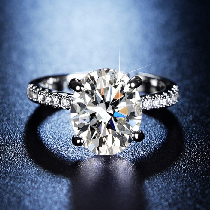 Silver Plated Crystal Studded Anti Tarnish Huge Stone Solitaire Adjustable Finger Ring - VAIRAVI