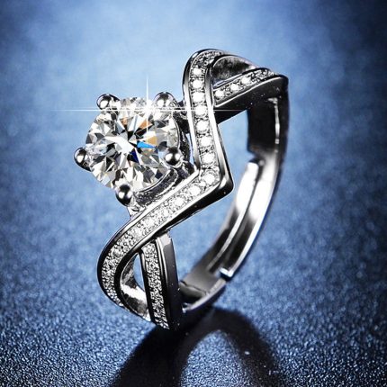 Silver Plated American Diamond Studded Contemporary Anti Tarnish Solitaire Adjustable Finger Ring - VAIRAVI