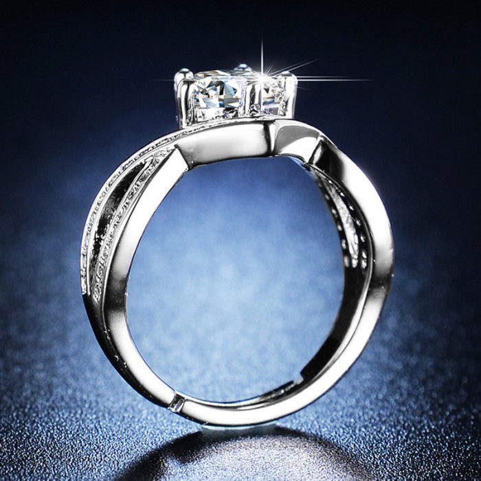 Silver Plated American Diamond Studded Contemporary Anti Tarnish Solitaire Adjustable Finger Ring - VAIRAVI