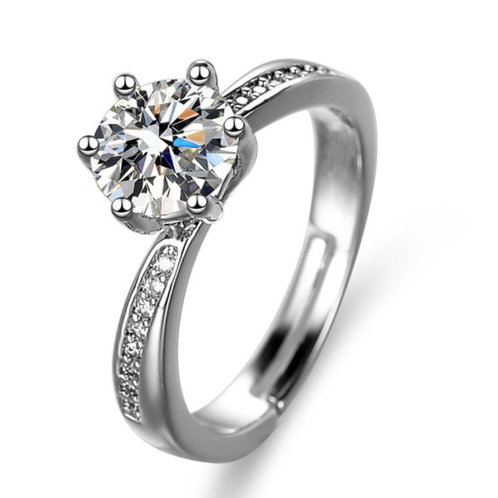 Silver Plated American Diamond Studded Contemporary Anti Tarnish Solitaire Adjustable Finger Ring - VAIRAVI