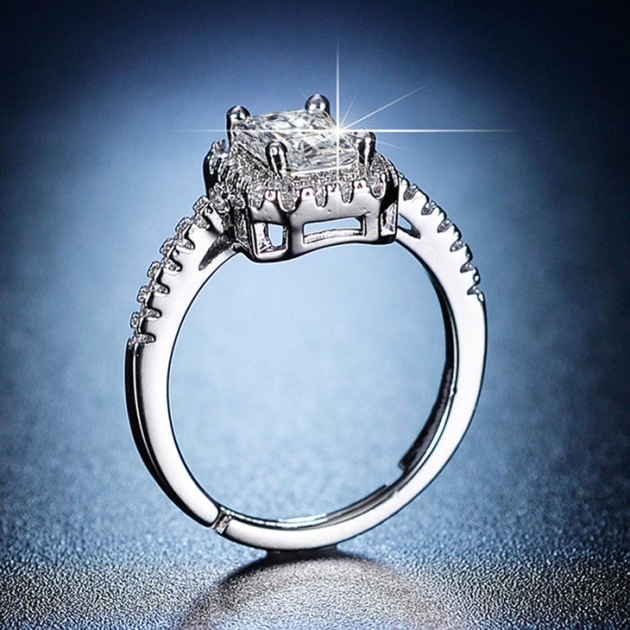 Silver Plated American Diamond Studded Rectangular Anti Tarnish Adjustable Finger Ring - VAIRAVI