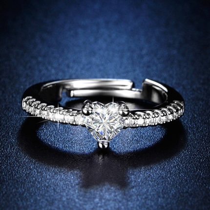 Silver Plated American Diamond Studded Heart Themed Anti Tarnish Adjustable Finger Ring - VAIRAVI