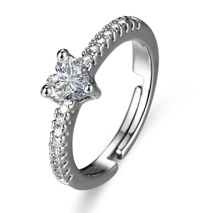 Silver Plated American Diamond Studded Heart Themed Anti Tarnish Adjustable Finger Ring - VAIRAVI