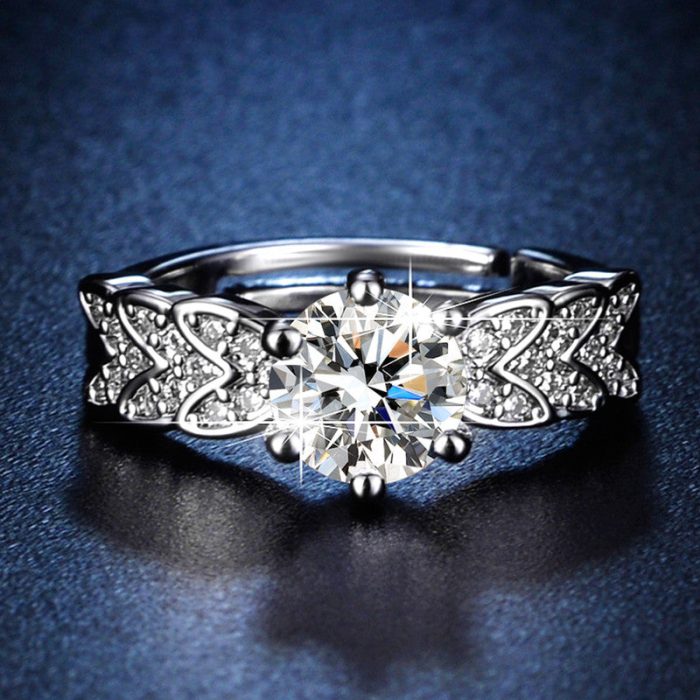 Silver Plated Crystal Studded Contemporary Anti Tarnish Adjustable Solitaire Finger Ring - VAIRAVI