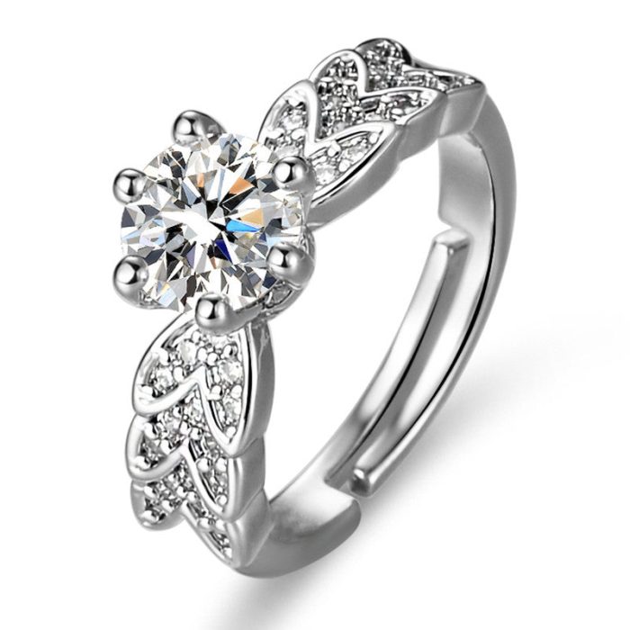 Silver Plated Crystal Studded Contemporary Anti Tarnish Adjustable Solitaire Finger Ring - VAIRAVI
