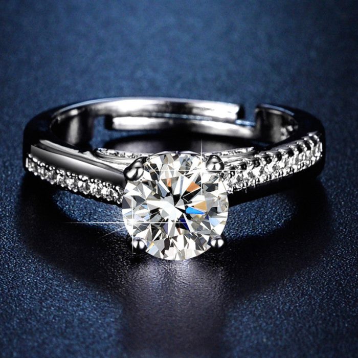 Silver Plated Crystal Studded Contemporary Anti Tarnish Adjustable Solitaire Finger Ring - VAIRAVI