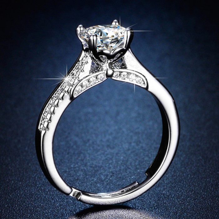 Silver Plated Crystal Studded Contemporary Anti Tarnish Adjustable Solitaire Finger Ring - VAIRAVI