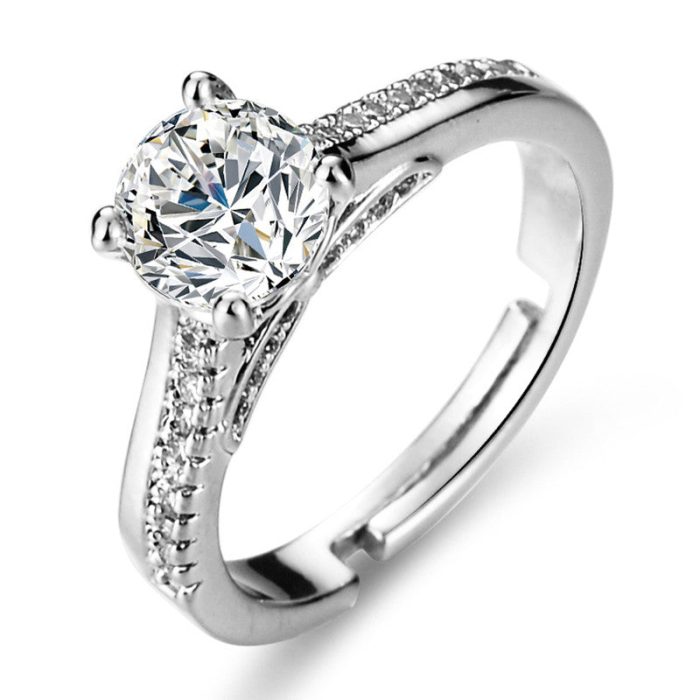 Silver Plated Crystal Studded Contemporary Anti Tarnish Adjustable Solitaire Finger Ring - VAIRAVI