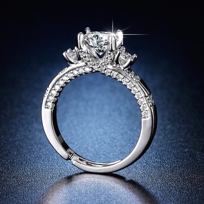Silver Plated Crystal Studded Contemporary Anti Tarnish Adjustable Solitaire Finger Ring - VAIRAVI
