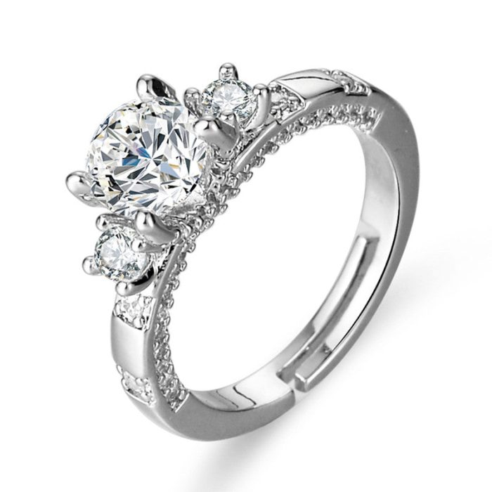 Silver Plated Crystal Studded Contemporary Anti Tarnish Adjustable Solitaire Finger Ring - VAIRAVI