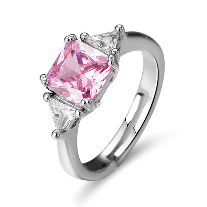 Silver Plated American Diamond Studded Rectangular Pink Stone Anti Tarnish Adjustable Finger Ring - VAIRAVI