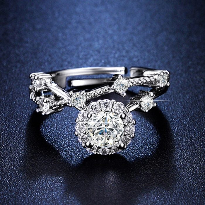 Silver Plated Crystal Studded Contemporary Anti Tarnish Adjustable Solitaire Finger Ring - VAIRAVI