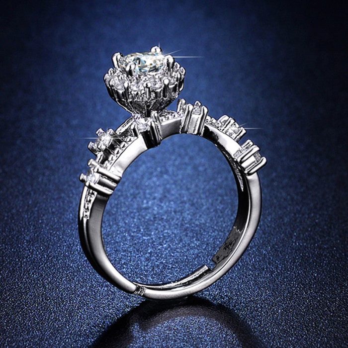 Silver Plated Crystal Studded Contemporary Anti Tarnish Adjustable Solitaire Finger Ring - VAIRAVI