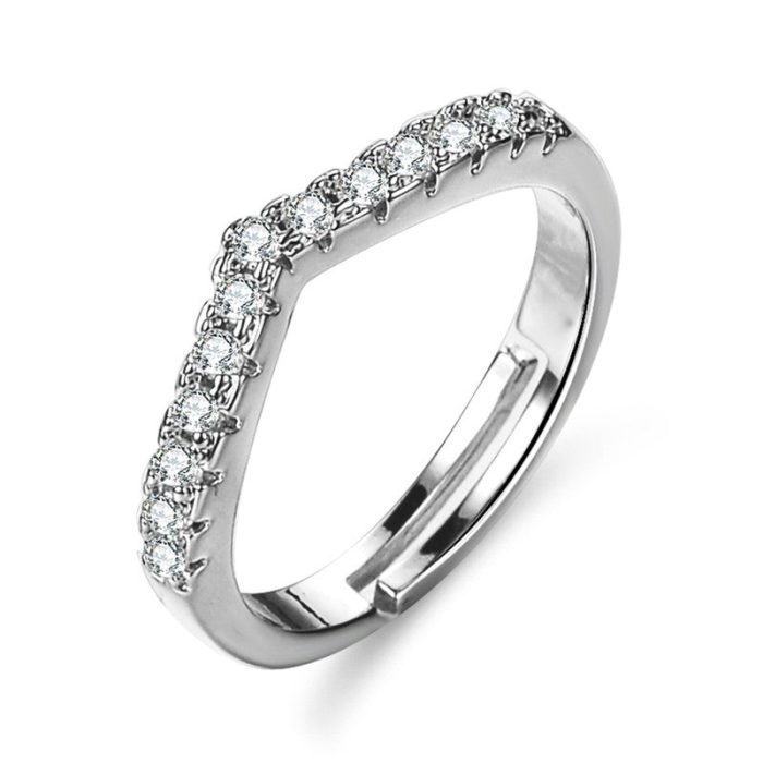 Silver Plated American Diamond Studded V Shape Contemporary Anti Tarnish Adjustable Finger Ring - VAIRAVI