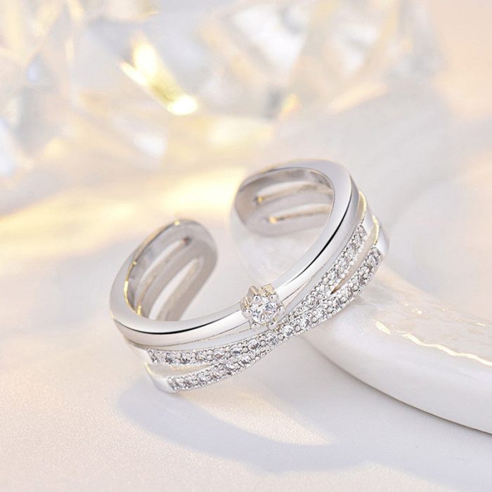 Silver Plated American Diamond Studded Contemporary Korean Finger Ring - Image 2