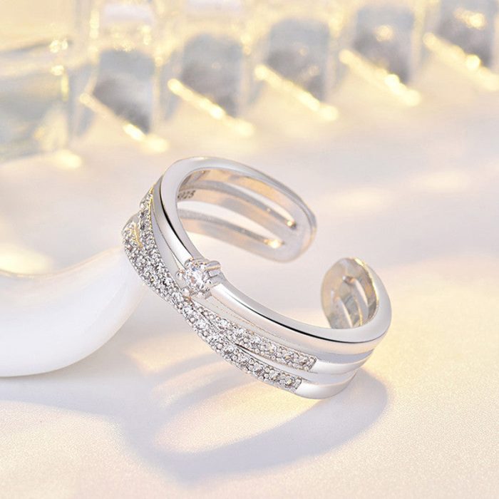 Silver Plated American Diamond Studded Contemporary Korean Finger Ring - Image 3