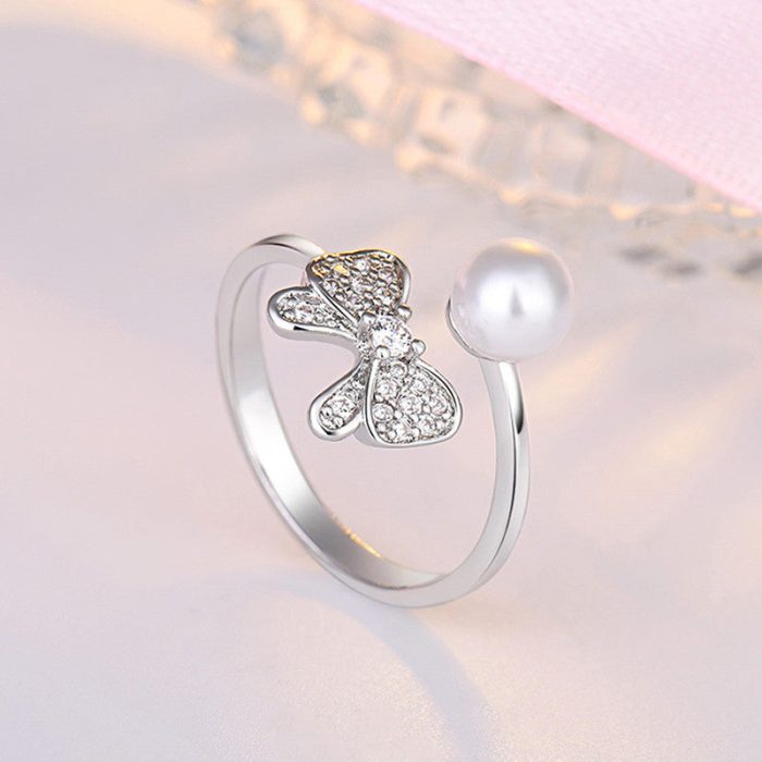 Silver Plated American Diamond Studded Butterfly Shape Contemporary Korean Finger Ring - Image 2