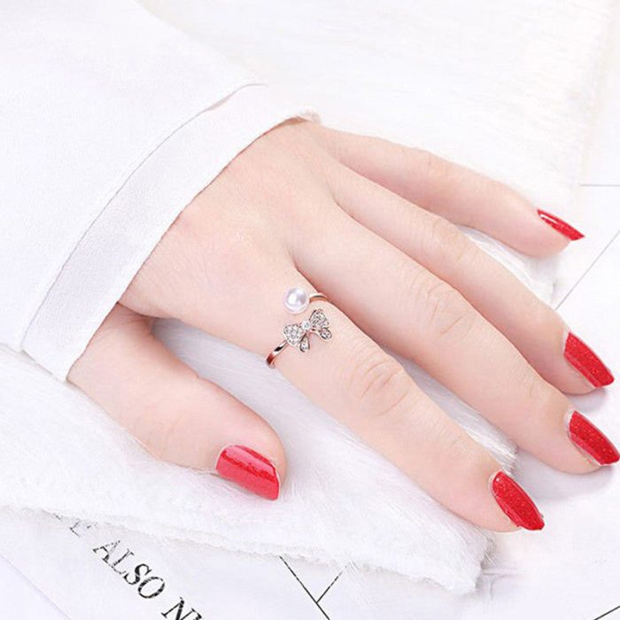 Silver Plated American Diamond Studded Butterfly Shape Contemporary Korean Finger Ring - Image 3