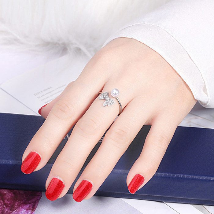 Silver Plated American Diamond Studded Butterfly Shape Contemporary Korean Finger Ring - Image 6