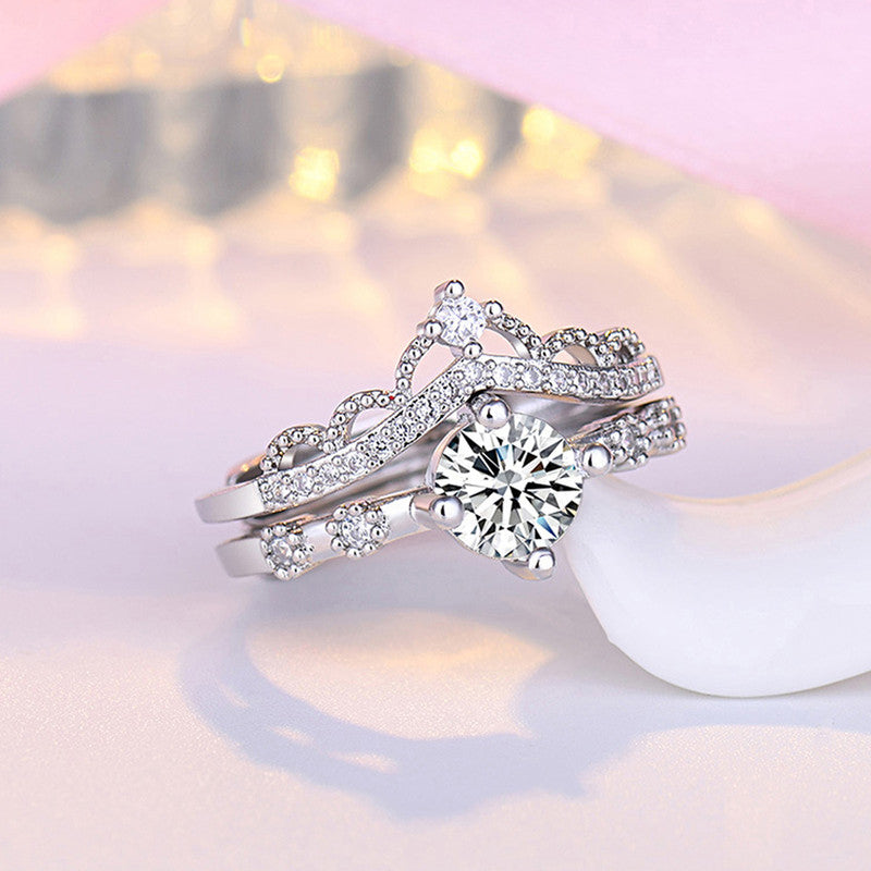 Silver Plated American Diamond Studded Crown Shape Contemporary Korean Finger Ring - Image 1
