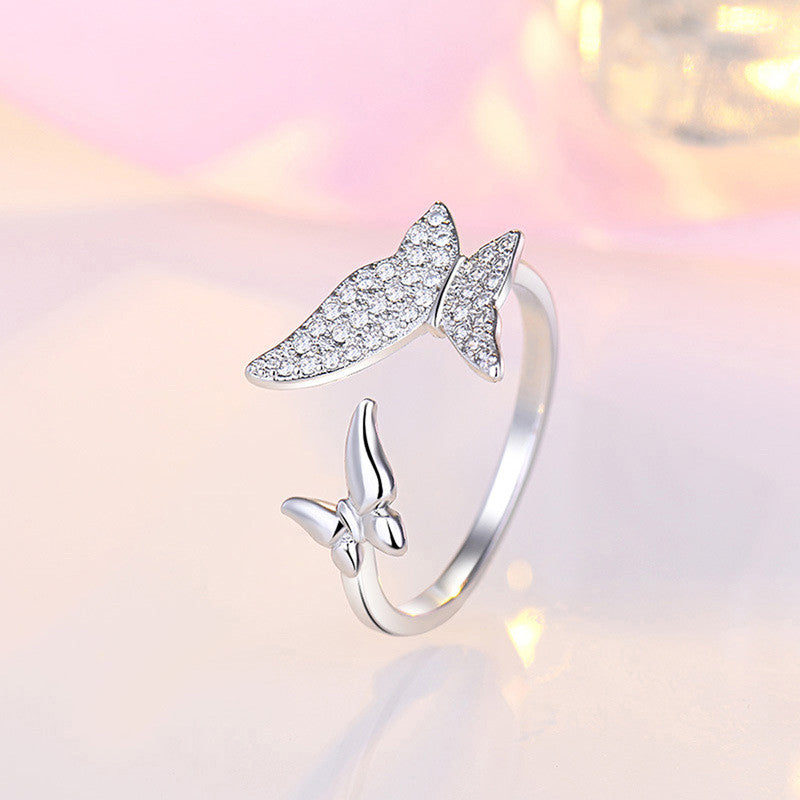 Silver Plated American Diamond Studded Butterfly Shape Contemporary Korean Finger Ring - Image 1