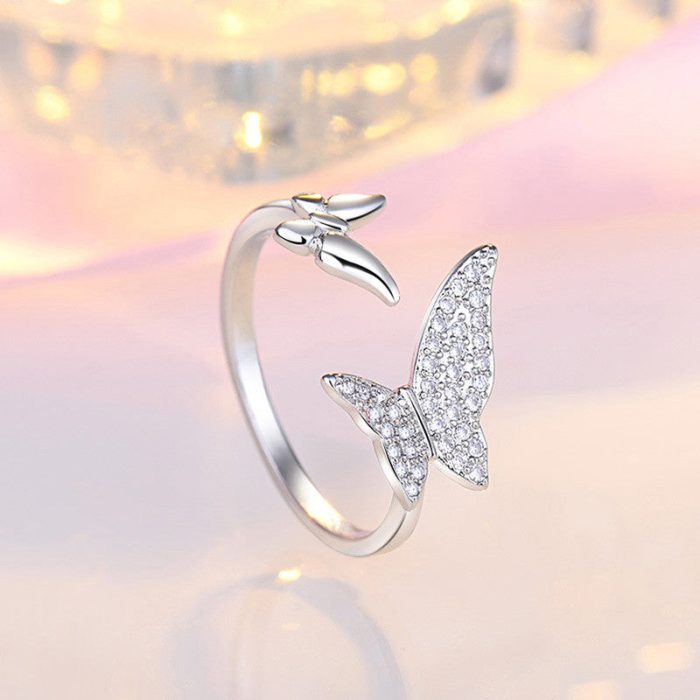 Silver Plated American Diamond Studded Butterfly Shape Contemporary Korean Finger Ring - Image 2