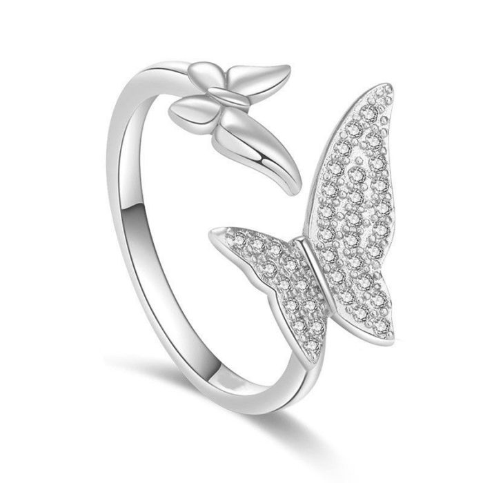 Silver Plated American Diamond Studded Butterfly Shape Contemporary Korean Finger Ring - Image 3