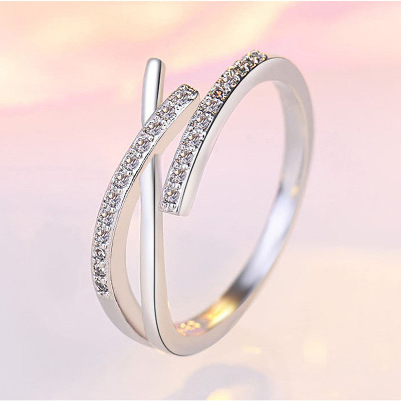 Silver Plated American Diamond Studded Contemporary Korean Finger Ring - Image 1