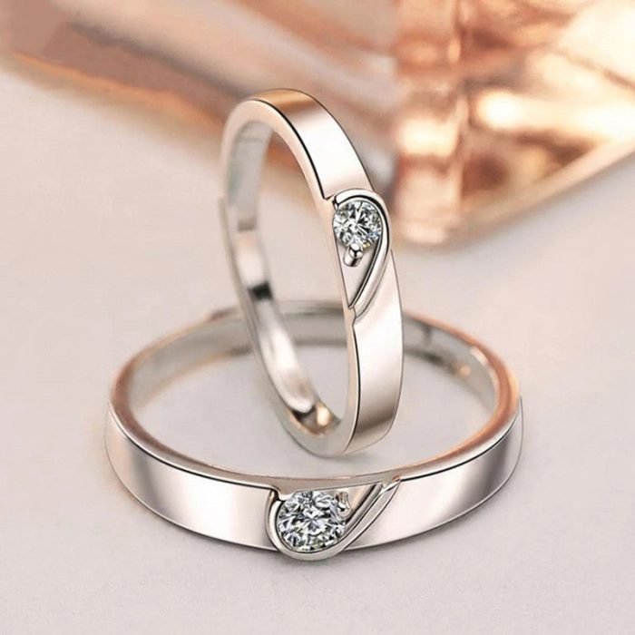 Silver Plated American Diamonds Studded Adjustable Heart Themed Couple Rings - Image 8
