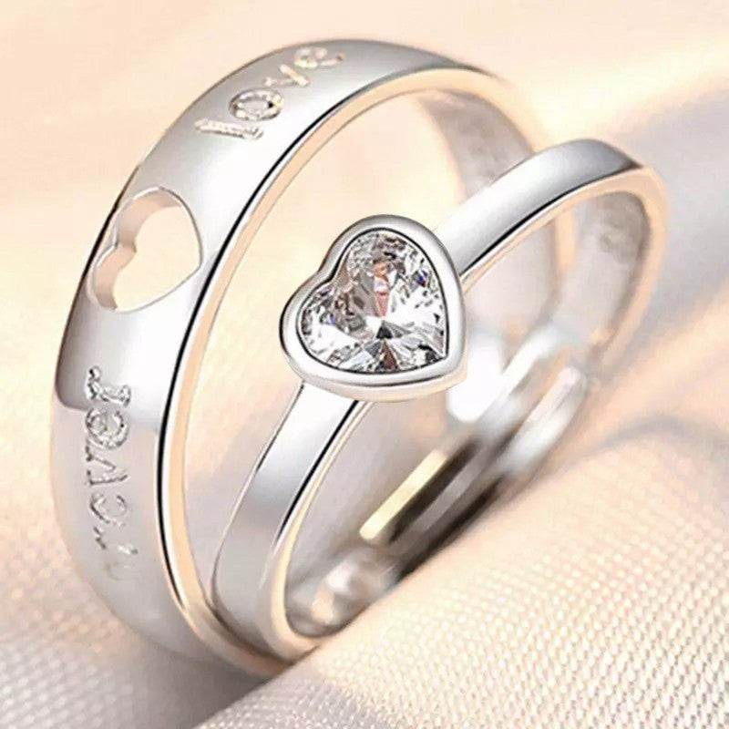 Silver Plated American Diamonds Studded Adjustable Heart Themed Couple Rings - Image 1
