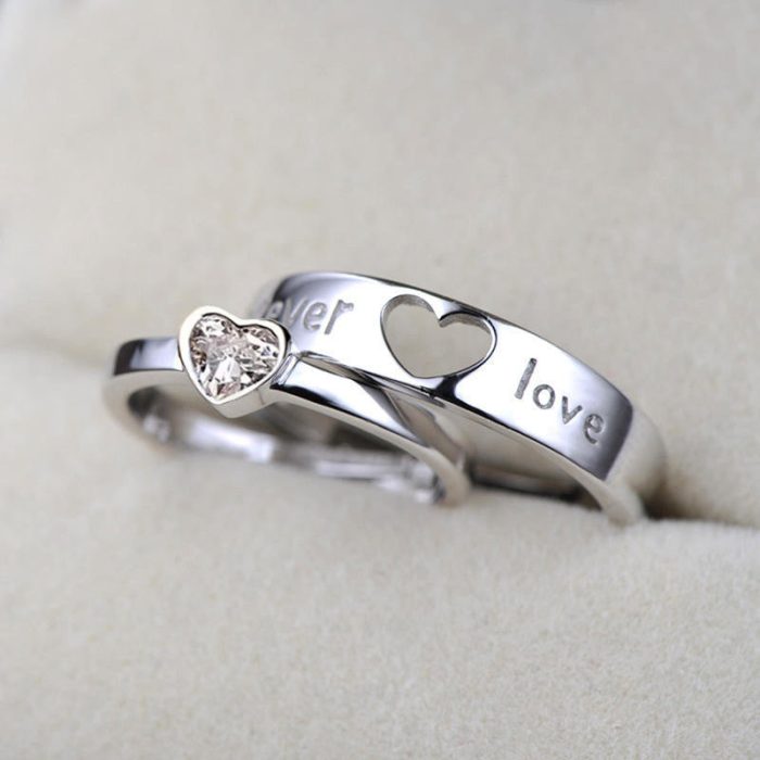 Silver Plated American Diamonds Studded Adjustable Heart Themed Couple Rings - Image 3