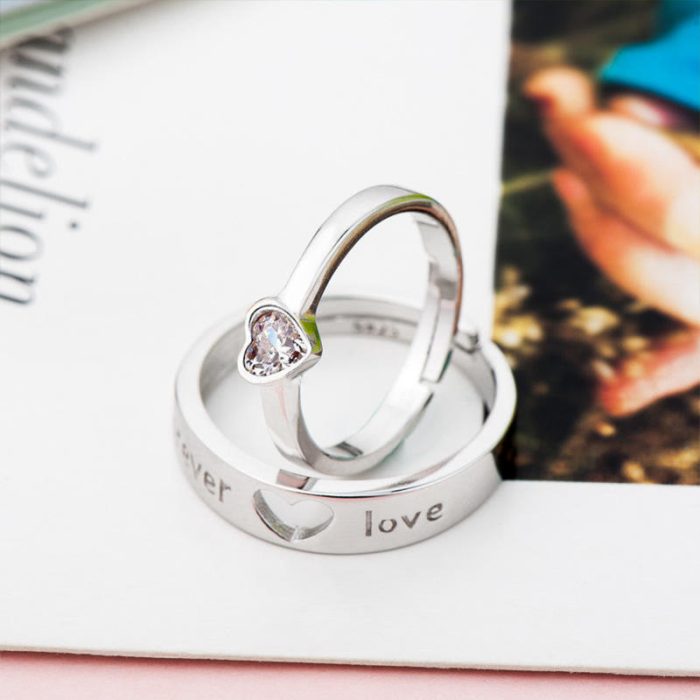 Silver Plated American Diamonds Studded Adjustable Heart Themed Couple Rings - Image 8