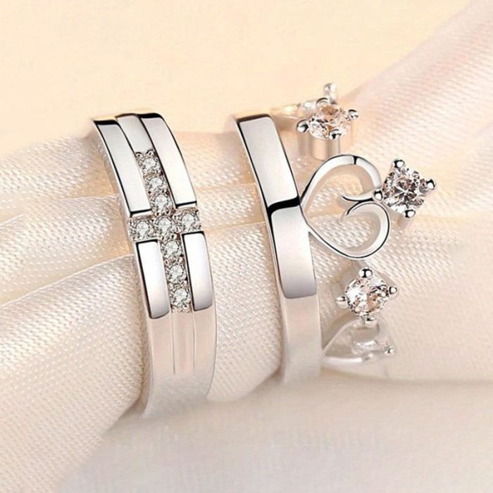 Silver Plated American Diamonds Studded Adjustable Heart Themed Couple Rings - Image 2