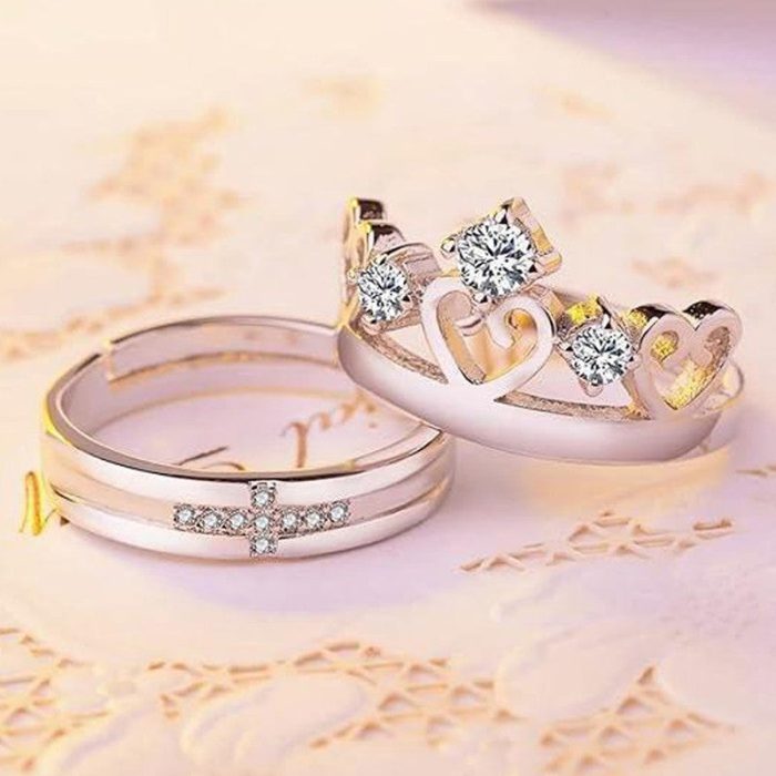 Silver Plated American Diamonds Studded Adjustable Heart Themed Couple Rings - Image 3