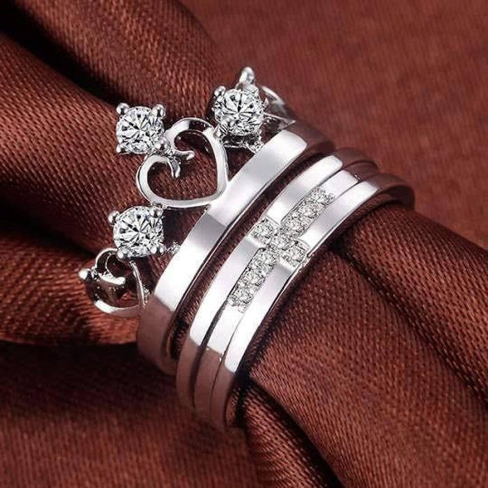 Silver Plated American Diamonds Studded Adjustable Heart Themed Couple Rings - Image 5
