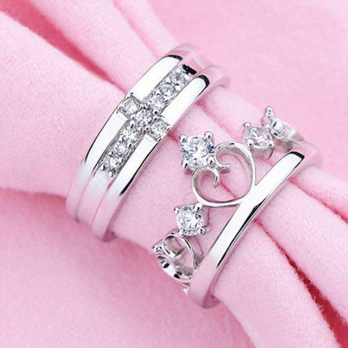 Silver Plated American Diamonds Studded Adjustable Heart Themed Couple Rings - Image 7