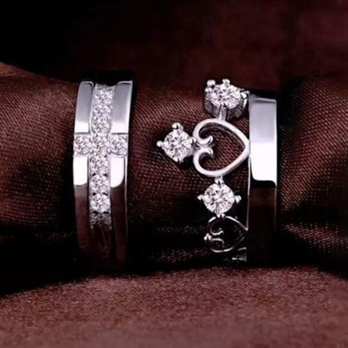 Silver Plated American Diamonds Studded Adjustable Heart Themed Couple Rings - Image 8