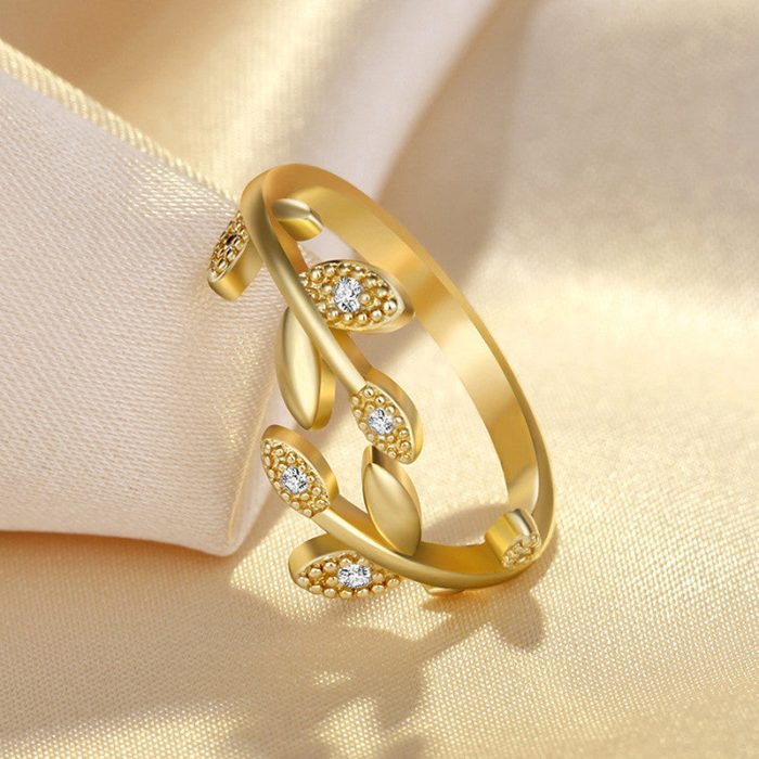 Gold Plated American Diamond Studded Leaf Inspired Contemporary Korean Finger Ring - Image 2